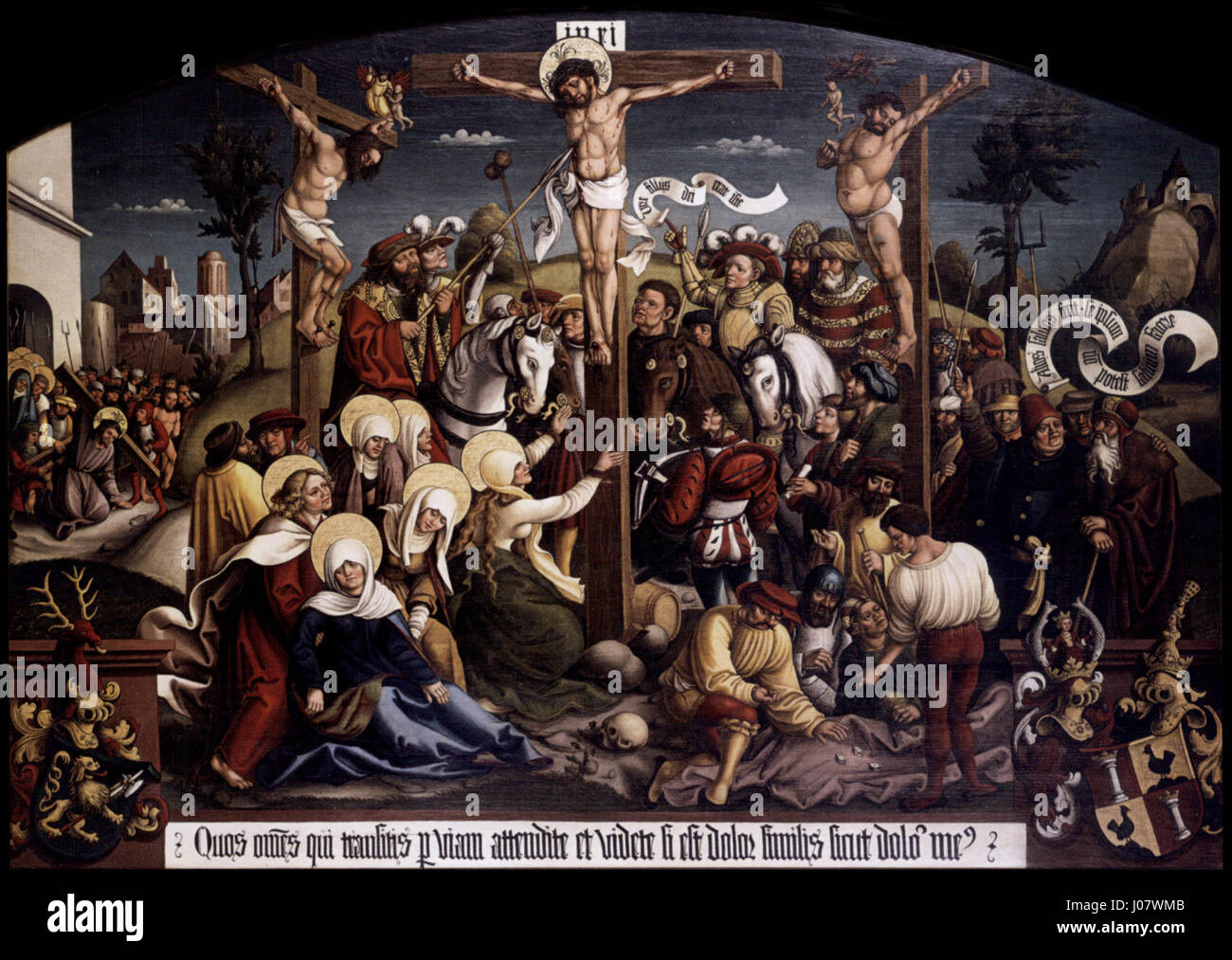'Kreuzigung Christi' (Crucifixion du Christ) de l'atelier de Strùb dépeint la passion du Christ, en se concentrant sur sa crucifixion. L'œuvre illustre le thème chrétien central du sacrifice et de la souffrance, créé avec de riches détails et un symbolisme religieux, typique des religieux européens du XVIe siècle Banque D'Images