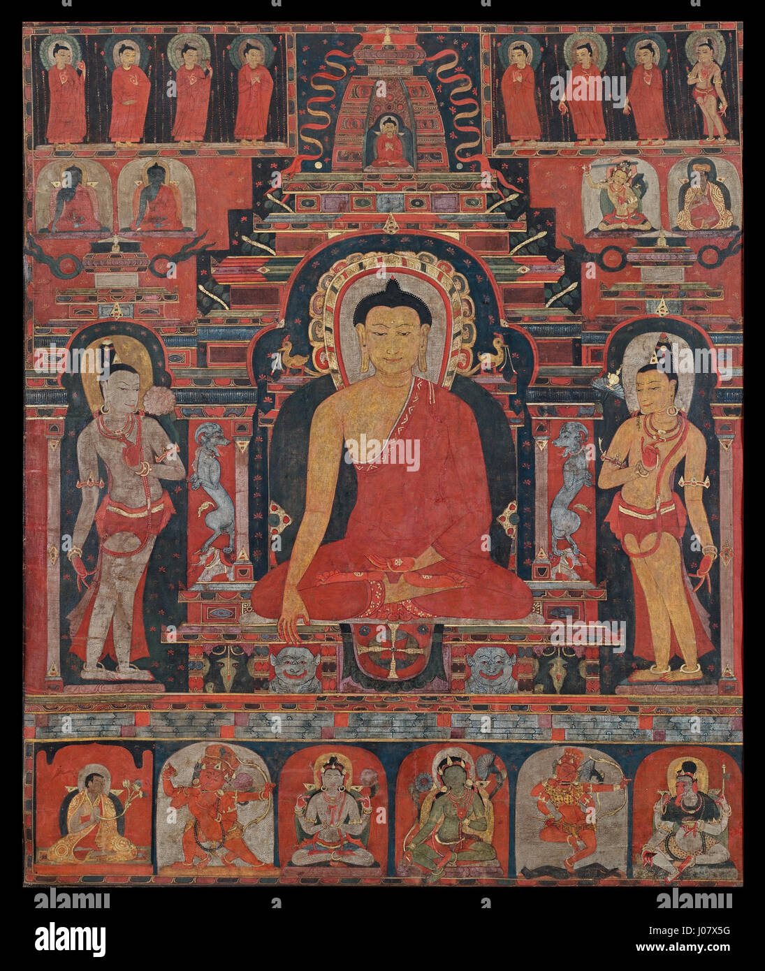 Cette image montre une représentation de Bouddha Shakyamuni à Bodh Gaya, Tibet, de la fin du XIIe au début du XIIIe siècle. L’œuvre est issue d’une collection privée et représente une période importante de l’art bouddhiste, mettant en évidence la nature sereine et méditative du Bouddha dans ce contexte historique. Banque D'Images