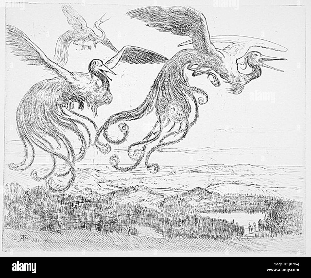 Une peinture de Hans Thoma intitulée « Wonderful Birds », créée en 1911, représentant une scène enchanteresse d’oiseaux dans un cadre naturel, mettant en valeur l’attention de Thoma pour les détails et l’amour de la nature. Banque D'Images