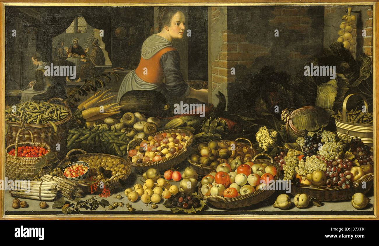 'Stilleven met vruchten en groenten' représente une nature morte de fruits et légumes, sur fond de Christ et de disciples sur la route d'Emmaus, mêlant symbolisme religieux et représentation détaillée de la nature dans la tradition néerlandaise de la nature morte. Banque D'Images