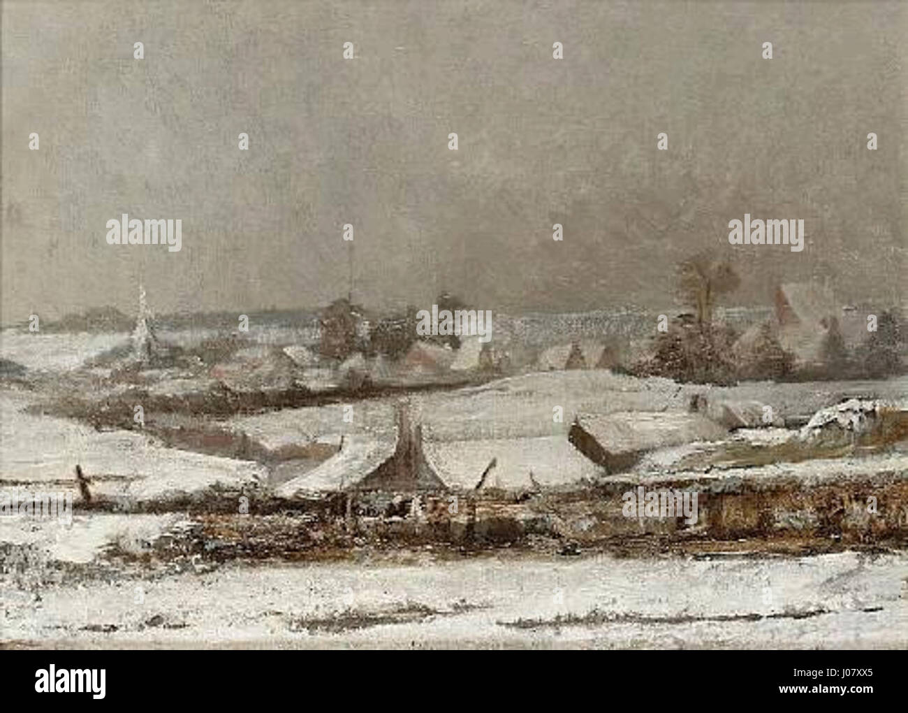 'Village sous la neige' de Periclés Pantazis représente une scène de village enneigée. La peinture capture la beauté tranquille de l'hiver, en mettant l'accent sur la lumière et l'ombre dans un cadre rural. Banque D'Images