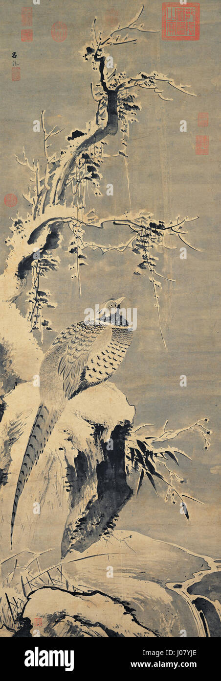 La peinture de Lí Ji Wild Pheasant in a Snowy Winter capture un faisan solitaire au milieu d’un paysage enneigé. La composition se concentre sur le contraste entre les couleurs vives de l'oiseau et la neige blanche et dure, soulignant la grâce et la résilience de l'oiseau dans des conditions difficiles. Le cadre naturel est méticuleusement détaillé, capturant la sérénité et le calme d'une journée d'hiver. Banque D'Images