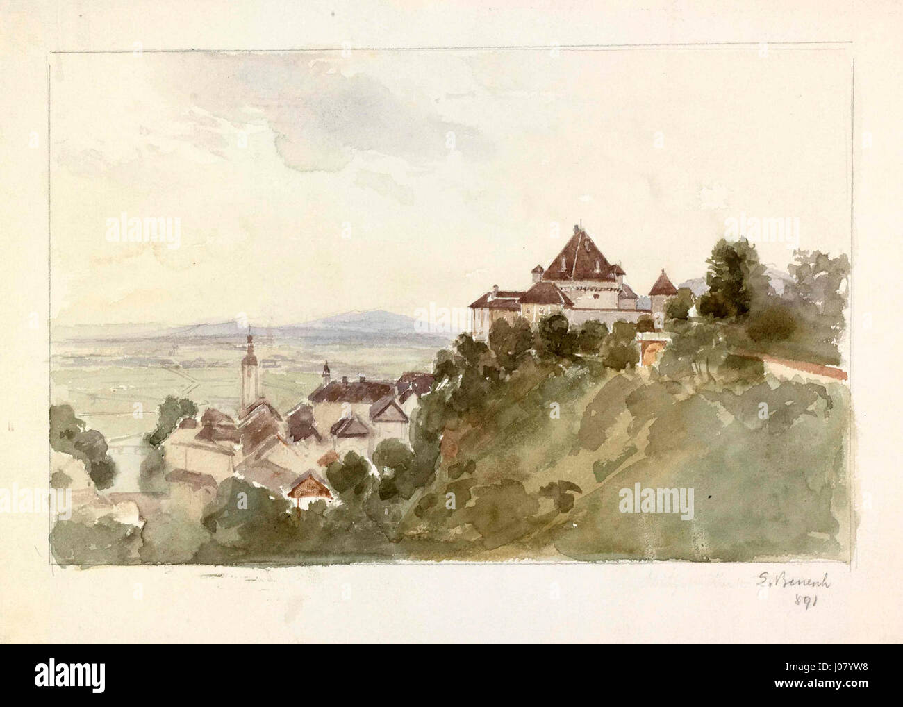 'Škofja Loka' est une photographie de Ladislav Benesch, capturant la ville historique de Škofja Loka en Slovénie. L'image met en valeur l'architecture médiévale et les paysages pittoresques de la ville. Banque D'Images