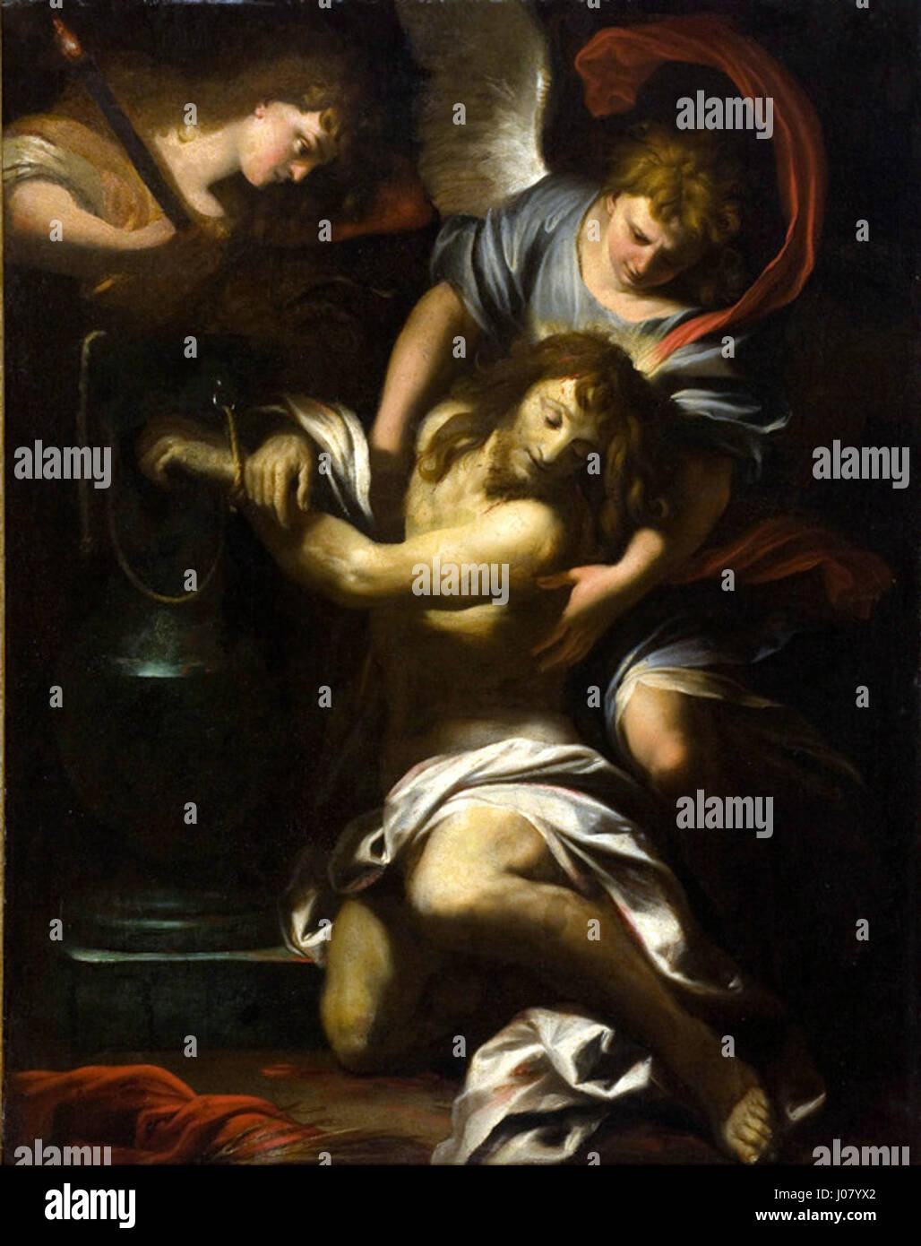 Cristo na Coluna (Christ à la colonne) est une peinture attribuée à un artiste génois anonyme. L'œuvre représente le Christ lié à une colonne, une scène de la passion, reflétant la souffrance et le sacrifice de Jésus pendant les événements menant à la crucifixion. Banque D'Images