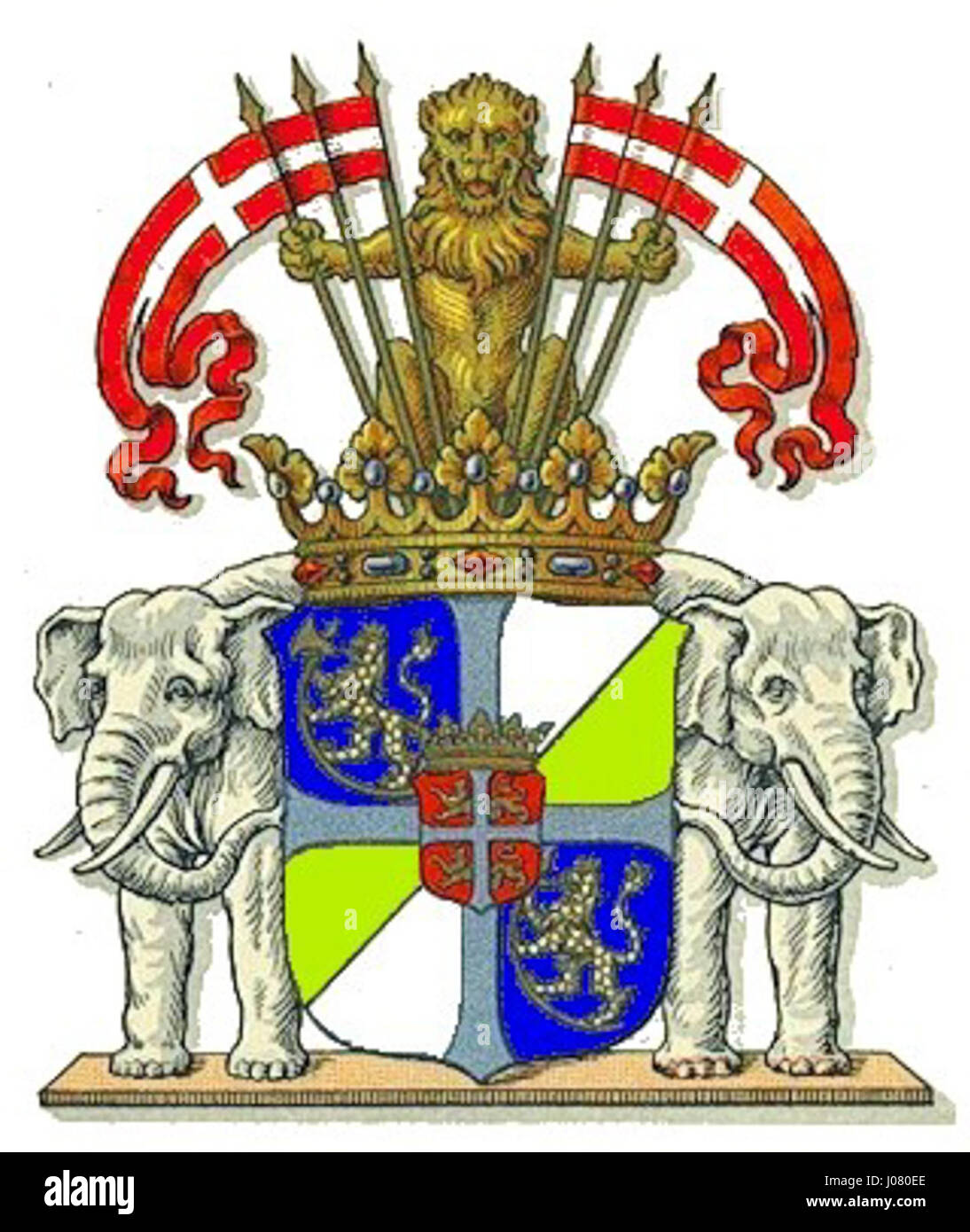 Les armoiries d'Ulrik Frederik Gyldenløve, éminent noble danois du XVIIe siècle, sont caractérisées par l'inclusion de divers éléments héraldiques tels qu'un lion et une couronne, symbolisant ses liens royaux. Gyldenløve était le fils illégitime du roi Frédéric III de Danemark. Banque D'Images