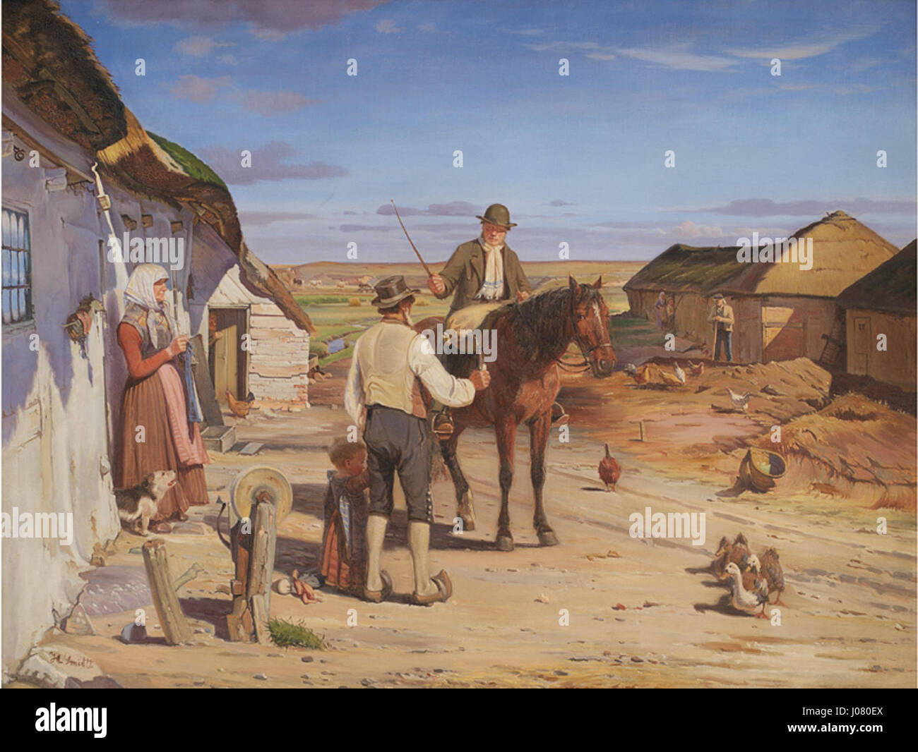 Le tableau de Hans Smidth de 1877 'en fremmed spørger om vej i bondegården på heden', représentant un étranger demandant des directions dans une ferme de landes. Banque D'Images