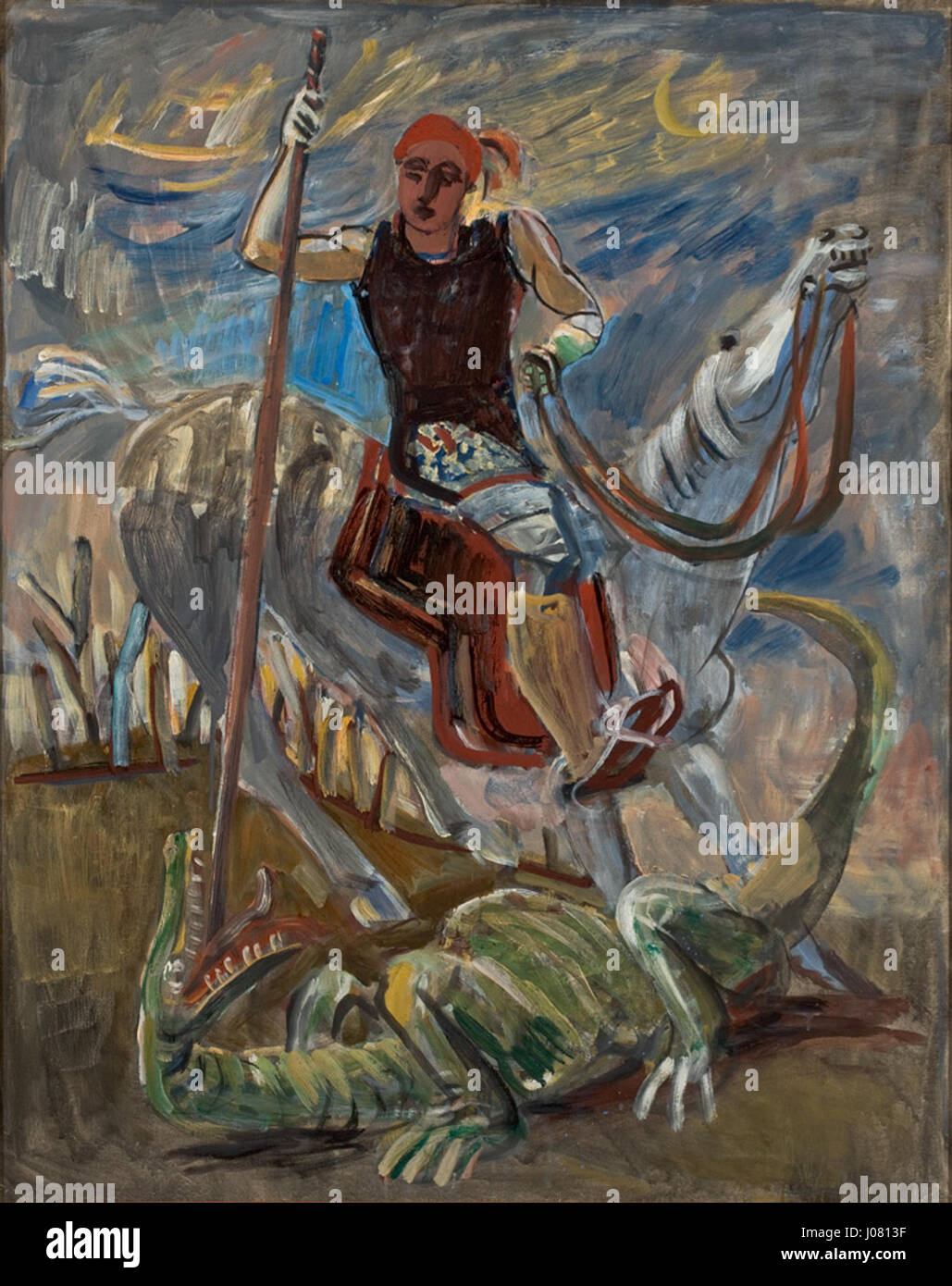 Cette sculpture d'Ernesto de Fiori, intitulée 'São Jorge e o Dragão' (Saint Georges et le Dragon), représente la bataille légendaire entre Saint Georges et le dragon. Le travail de Fiori capture le moment de triomphe sous une forme dynamique et expressive, mettant en évidence la valeur du saint et le thème mythique du récit. Banque D'Images