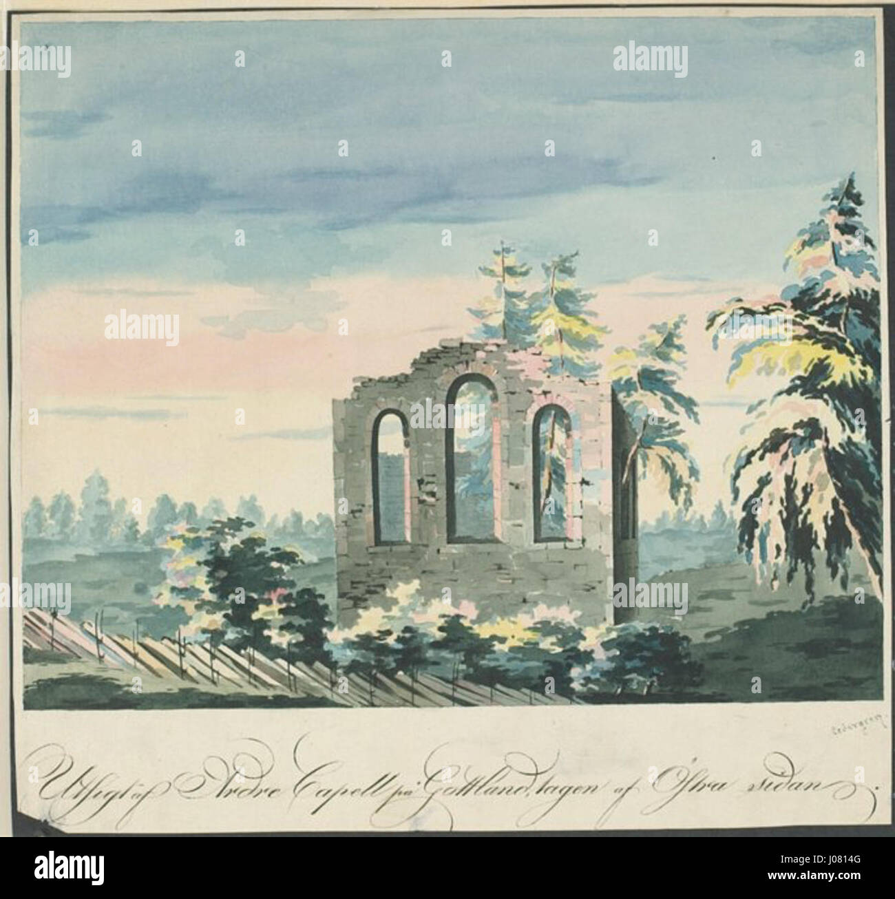 Ardre Ödekyrka fait référence à l'église d'Ardre, en Suède. La structure est remarquable pour son architecture médiévale et son importance dans l'histoire religieuse suédoise. L'œuvre d'art représente l'église dans son contexte historique. Banque D'Images