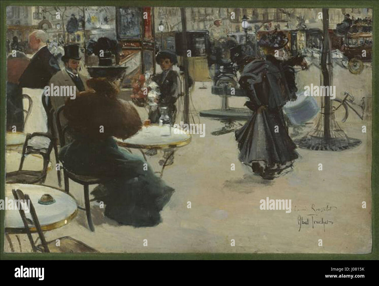 'Scène de rue' d'Abel-Truchet est une peinture de scène de rue capturant la vie quotidienne dans un environnement urbain. Le souci du détail de l’artiste dans la représentation des personnages et du décor met en évidence la nature animée de la vie urbaine et la diversité de ses habitants. Banque D'Images