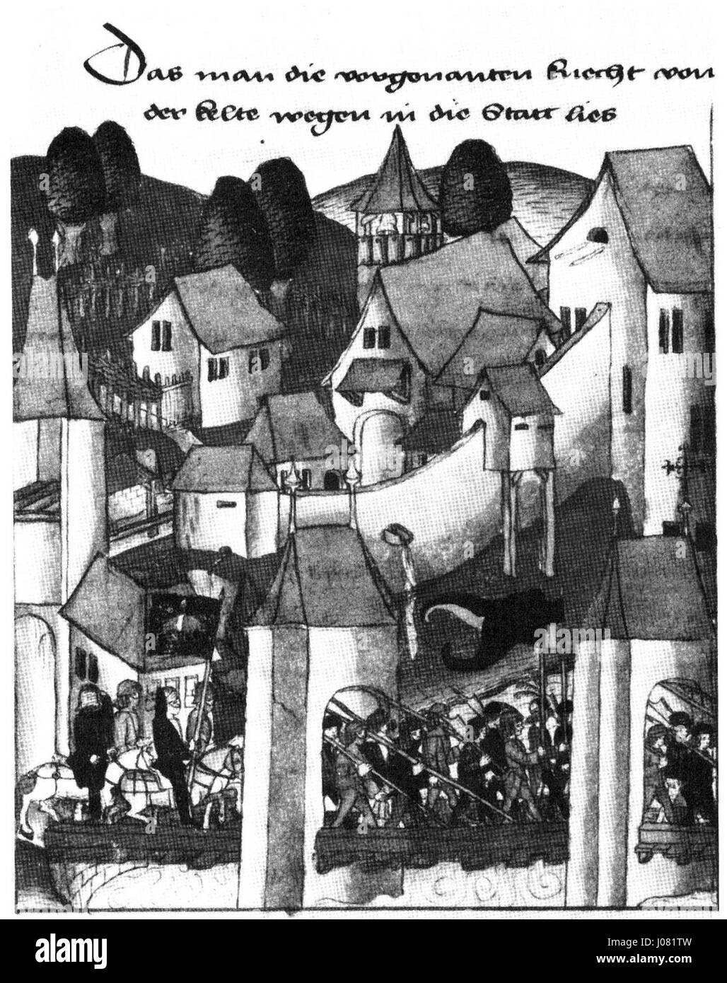 Le 'Untertorbrücke' de 1477, connu par les archives de Schilling, est un pont historique dans l'architecture médiévale. Il offre un aperçu des techniques de conception et de construction des ponts du XVe siècle. Banque D'Images