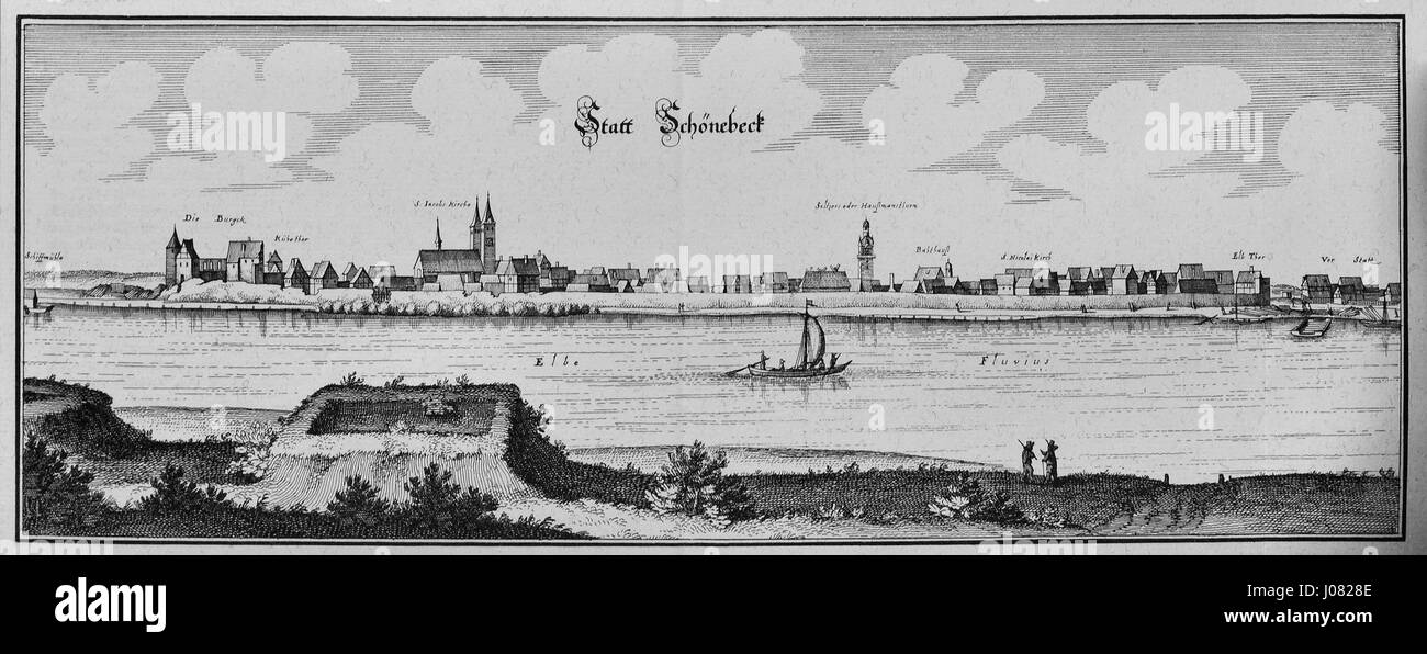 'Schönebeck' de Merian est une gravure historique mettant en valeur l'architecture et l'environnement culturel de la ville au XVIIe siècle. La pièce donne un aperçu du développement des villes allemandes au cours de cette période. Banque D'Images