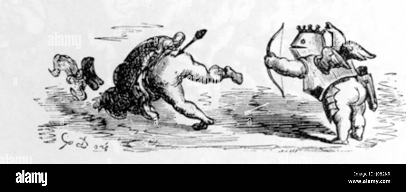 Une illustration des Contes drolatiques de Gustave Doré, Prologue, représentant une figure en armure avec un arc et une flèche, dans un style fantaisiste caractéristique de l'œuvre de Doré, un artiste et illustrateur français du XIXe siècle. Banque D'Images