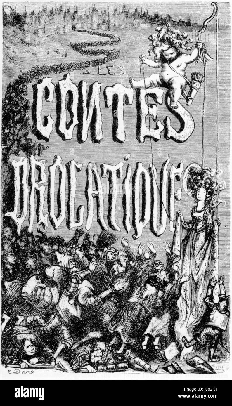 Une illustration détaillée, peut-être une couverture, pour Contes drolatiques, représentant une femme couronnée entourée d'une foule, avec une créature fantaisiste et une vue de ville en arrière-plan, dans le style de Gustave Doré, un artiste et illustrateur français. Banque D'Images