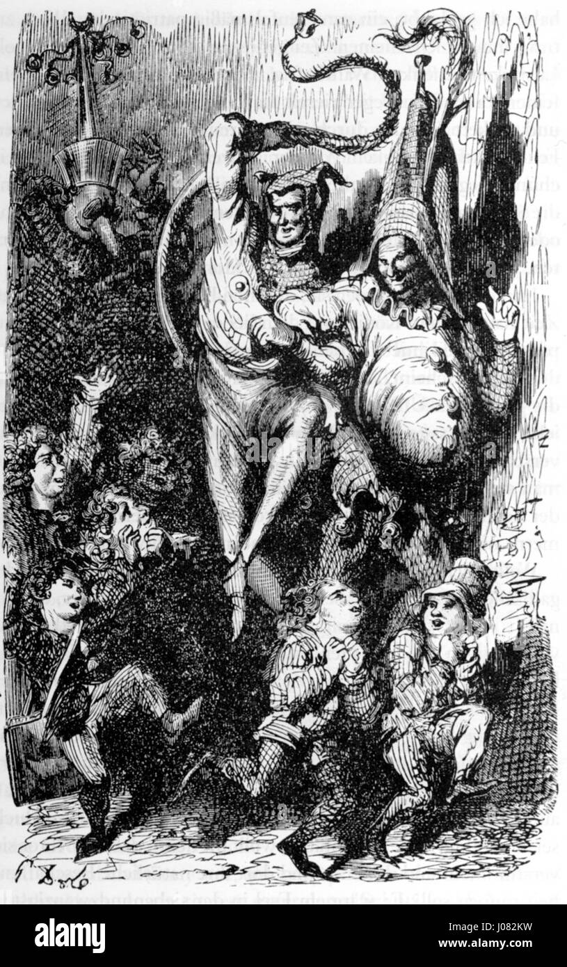 Une gravure des Contes drolatiques de Gustave Doré, Prologue 02, présentant une scène avec une grande figure tenant un serpent, entourée de petites figures. Banque D'Images
