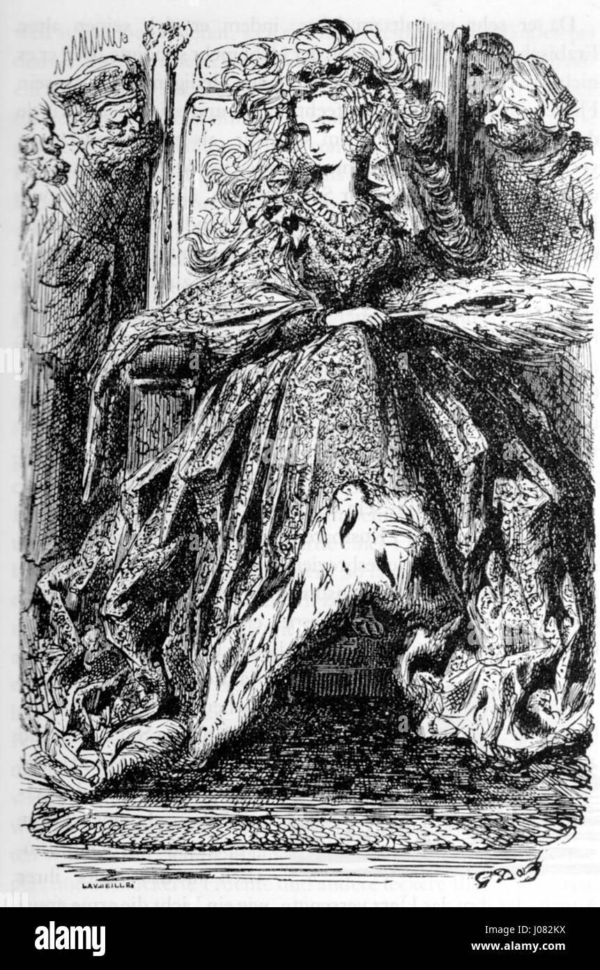 Une gravure des Contes drolatiques de Gustave Doré, intitulée Imperia, montrant une femme assise sur une chaise en forme de trône, entourée de décorations et vêtue de vêtements élaborés. Banque D'Images