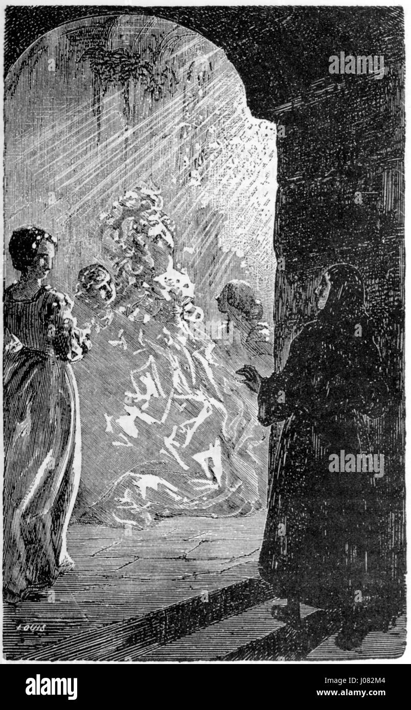 Une gravure des Contes drolatiques de Gustave Doré, intitulée Imperia, présentant une figure drapée dans un vêtement fluide émergeant d'une porte, avec deux figures au premier plan, dont l'une interagit avec la figure en arrière-plan. Banque D'Images