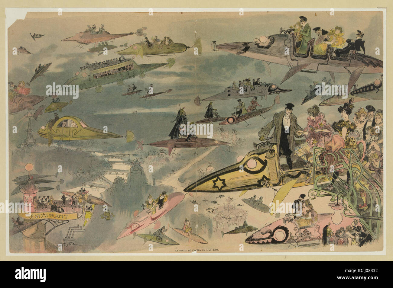 L'illustration d'Albert Robida 'la sortie de l'opéra en l'an 2000' (sortie de l'Opéra en l'an 2000) est une vision futuriste des attentes du XIXe siècle pour le XXIe siècle. Il dispose de moyens de transport avancés et d'un paysage urbain modernisé. Banque D'Images