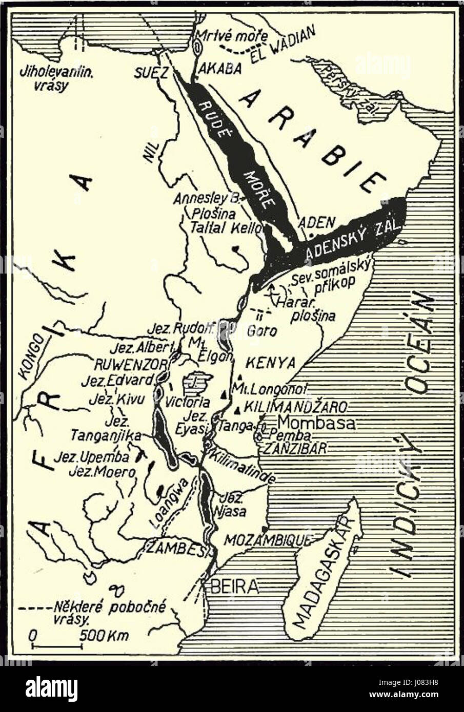 Cette carte ou illustration montre la vallée du Rift d'Afrique de l'est, connue sous le nom de Príkopov Propadlina. L’image met en évidence les caractéristiques géologiques de la région, y compris les plaques tectoniques et l’activité volcanique qui caractérisent ce rift. Le Rift d'Afrique de l'est est une formation géologique importante, connue pour son rôle dans le façonnement du paysage et de l'histoire géologique du continent. Banque D'Images