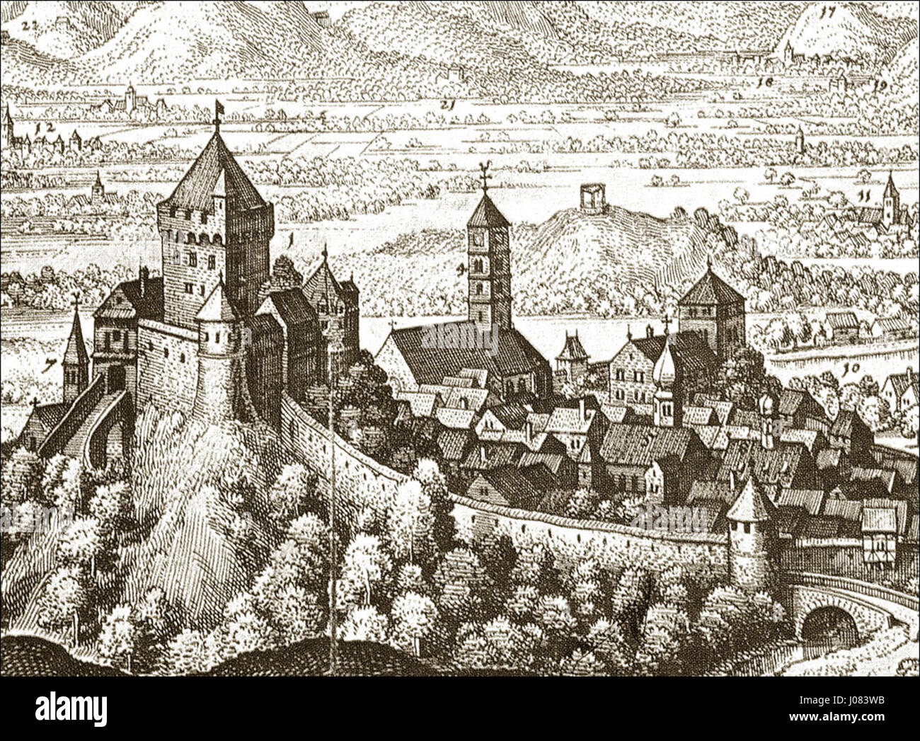 La représentation de Skofja Loka en 1649 capture l'architecture historique et le paysage de cette ville médiévale slovène. L'œuvre souligne le rôle de la ville dans l'histoire régionale au XVIIe siècle. Banque D'Images