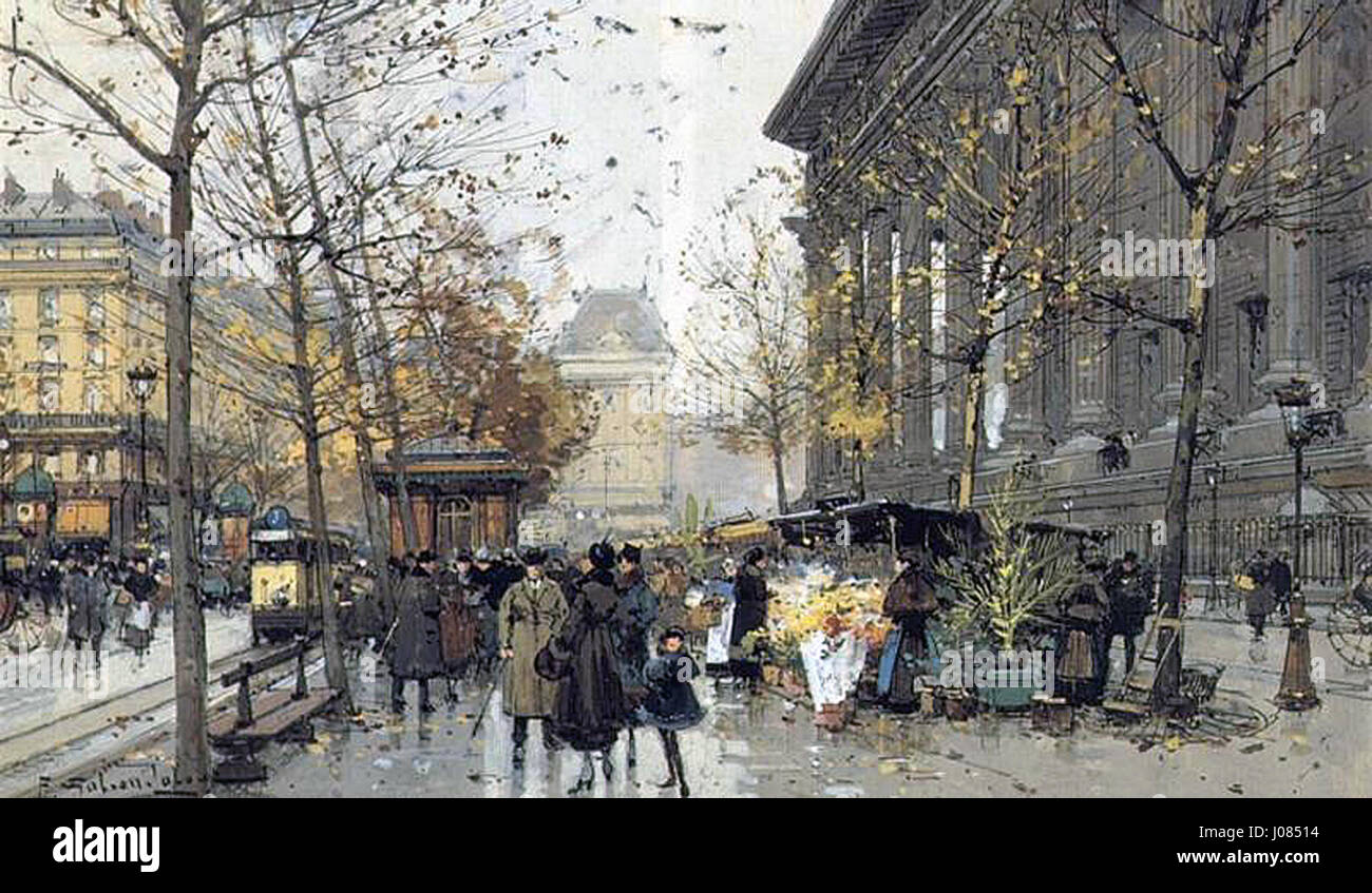La « Madeleine » d'Eugène Galien-Laloue représente la célèbre église de Paris, capturant l'architecture dynamique et la vie urbaine animée qui l'entoure avec une utilisation magistrale de la lumière et de la perspective. Banque D'Images