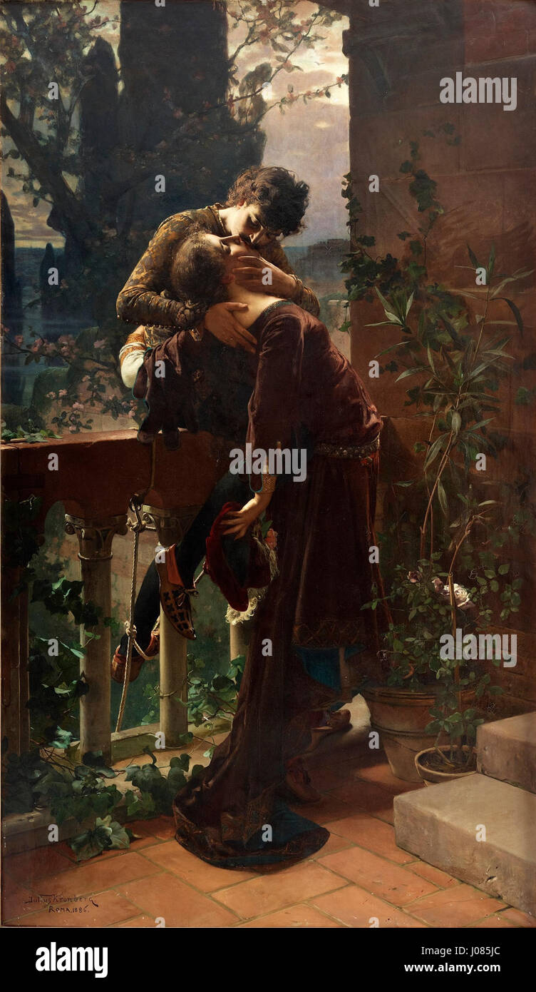 Romeo och Julia på balkongen (Roméo et Juliette sur le balcon) de Julius Kronberg est une représentation romantique de la célèbre scène de Roméo et Juliette de Shakespeare. La peinture capture le moment emblématique avec des détails vifs, mettant en valeur le lien émotionnel profond entre les deux amoureux. L’œuvre de Kronberg illustre le romantisme du XIXe siècle, mettant l’accent sur le drame, l’intimité et le pouvoir de l’amour. Banque D'Images