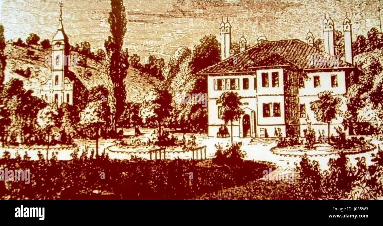 Le Konak Kneza Miloša et le monastère de Rakovicki sont des monuments culturels importants en Serbie. Cette œuvre d’art saisit leur importance architecturale et historique dans le contexte du patrimoine serbe. Banque D'Images