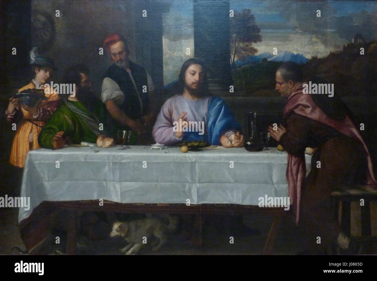 'Pàlerins d'Emmaüs' de Titien, une peinture célèbre de la Renaissance, représente le moment biblique où le Christ se révèle à deux disciples. Cette version retouchée met en valeur les détails des figures et le moment dramatique de reconnaissance. Banque D'Images