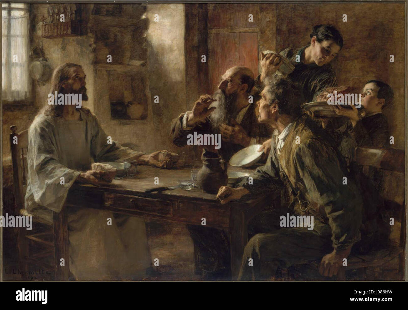 Ce tableau de 1892 de Léon-Augustin L'Hermitte représente la scène biblique de la Cène à Emmaus. Il saisit le moment de la révélation où le Christ se révèle à deux disciples. Banque D'Images