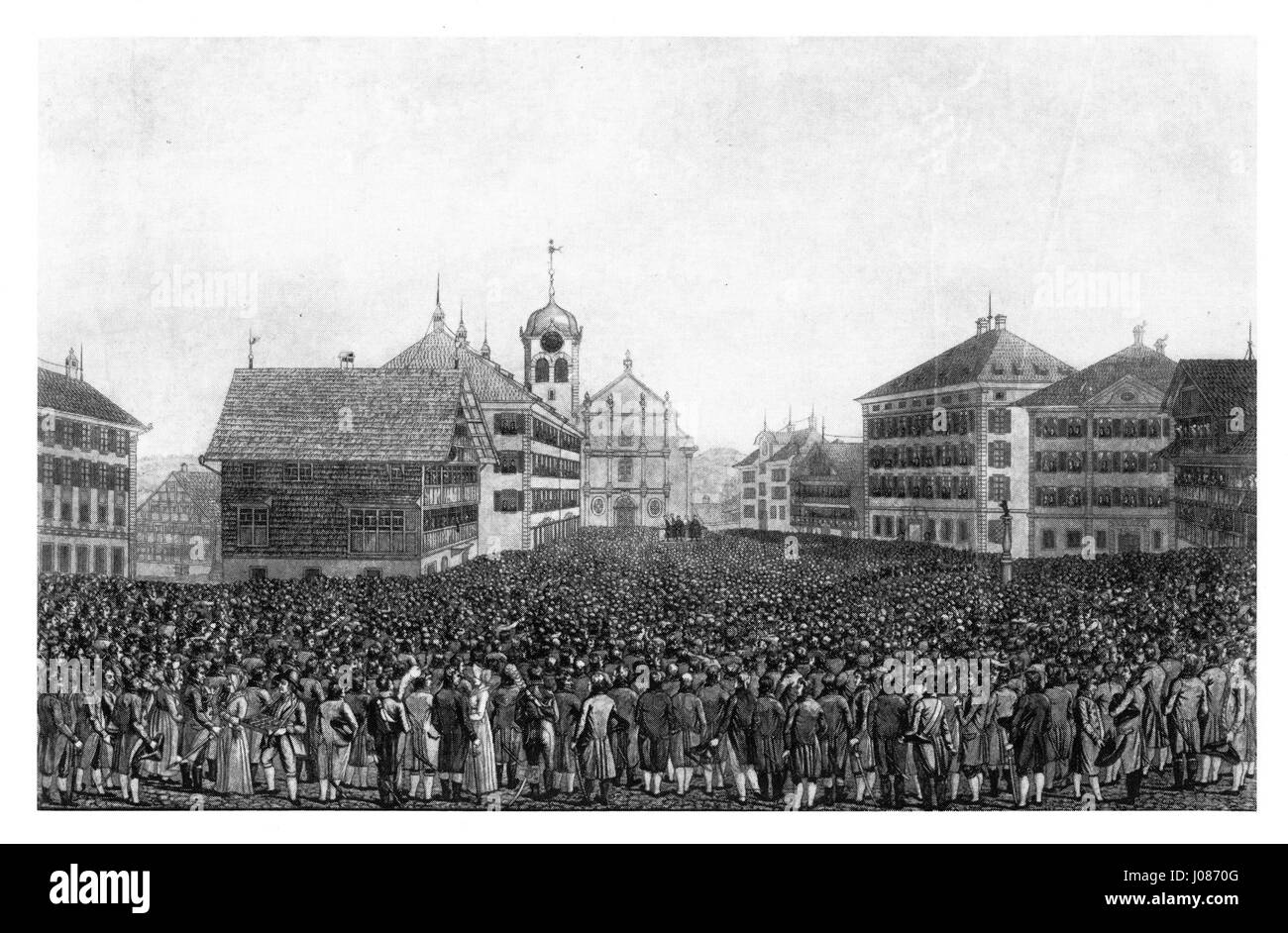 Cette scène historique représente la *Landsgemeinde* (Assemblée cantonale) d'Appenzell Ausserrhoden en Suisse, tenue en 1814. L’événement reflète la tradition suisse de démocratie directe, où les citoyens se réunissent en public pour voter sur les lois et les décisions qui affectent leur communauté. Banque D'Images