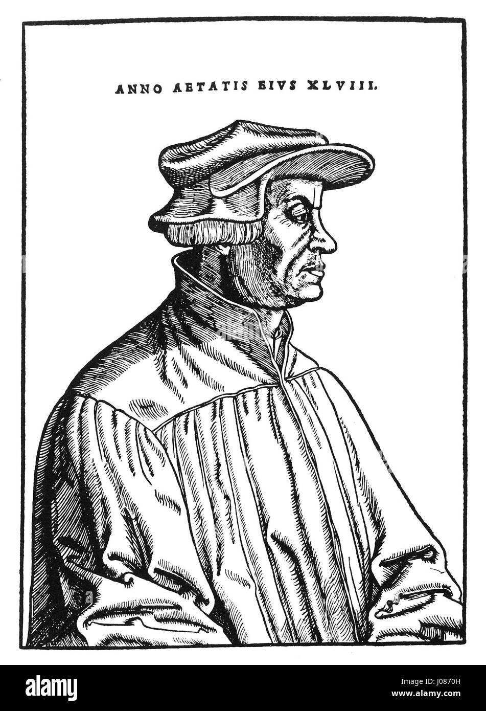 Cette gravure sur bois d'Ulrich Zwingli, basée sur un portrait d'Asper, représente le réformateur protestant suisse dans un style détaillé et expressif. L’image de Zwingli reflète son importance dans la réforme protestante, soulignant son expression sévère et sa nature contemplative, qui étaient des aspects clés de son leadership et des réformes religieuses en Suisse du XVIe siècle. Banque D'Images Cette gravure sur bois d'Ulrich Zwingli, basée sur un portrait d'Asper, représente le réformateur protestant suisse dans un style détaillé et expressif. L’image de Zwingli reflète son importance dans la réforme protestante, soulignant son expression sévère et sa nature contemplative, qui étaient des aspects clés de son leadership et des réformes religieuses en Suisse du XVIe siècle. Banque D'Images
