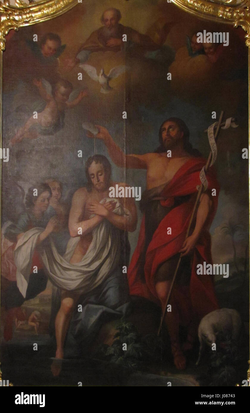 La fresque 'Baptême du Christ' de l'abbatiale Saint Jean-Baptiste à Saint-Jean-lès-Saverne représente le baptême du Christ par Jean-Baptiste, une scène chrétienne emblématique, mettant en valeur l'art religieux de la Renaissance. Banque D'Images La fresque 'Baptême du Christ' de l'abbatiale Saint Jean-Baptiste à Saint-Jean-lès-Saverne représente le baptême du Christ par Jean-Baptiste, une scène chrétienne emblématique, mettant en valeur l'art religieux de la Renaissance. Banque D'Images