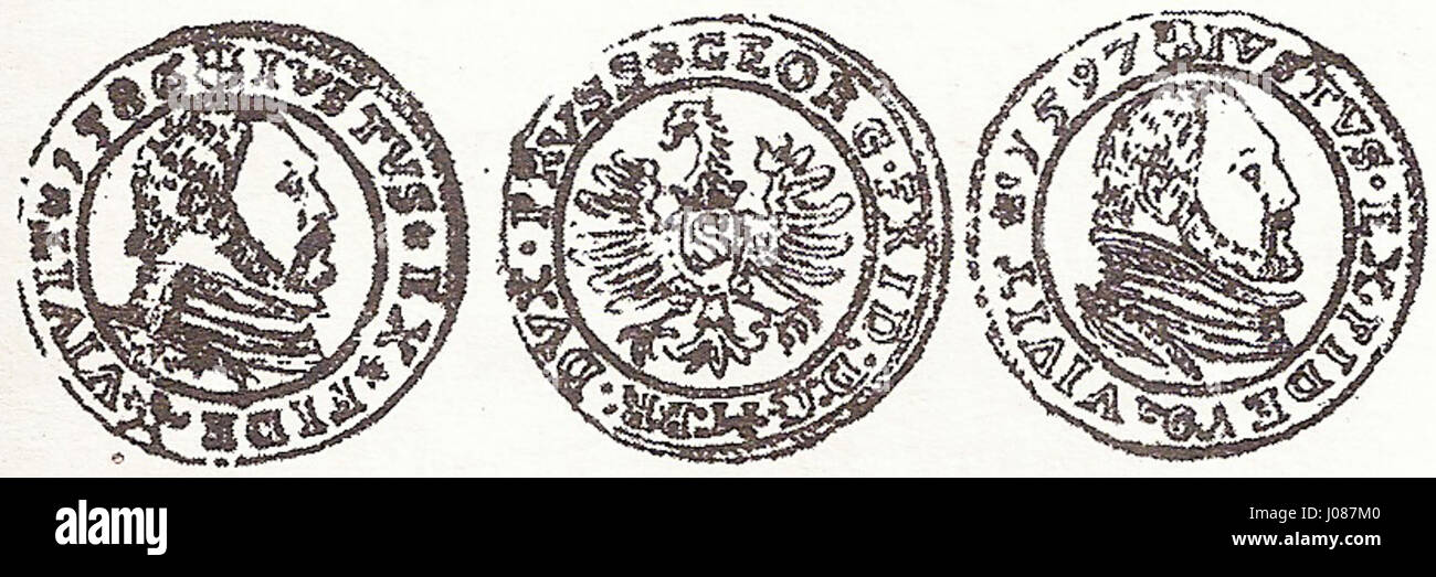 Le 'Księstwo Prus grosze' (duché de Prusse grosze) est une pièce de monnaie ancienne du duché de Prusse, représentant le système économique et la monnaie dans la région à la fin de la période médiévale. La pièce illustre les débuts de l'histoire monétaire de la Prusse. Banque D'Images