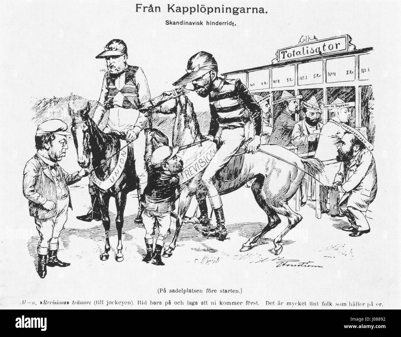 Le roi Oscar II de Suède, sur le cheval Union, et le prince héritier Gustav V, sur le cheval Revision, avec le professeur Alin comme entraîneur, dans une scène de 1895 d’un événement de courses de chevaux, représenté par Edvard Forsström. Banque D'Images