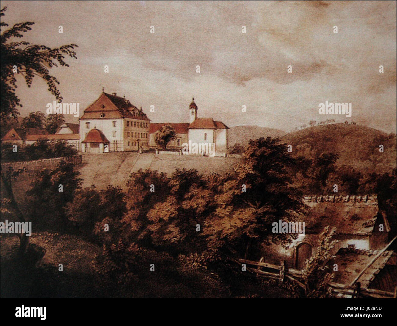 'Šenek Mansion 1845' est une représentation de 1845 du manoir Šenek, un domaine de style baroque en Slovénie, illustrant son architecture et le paysage environnant. Banque D'Images