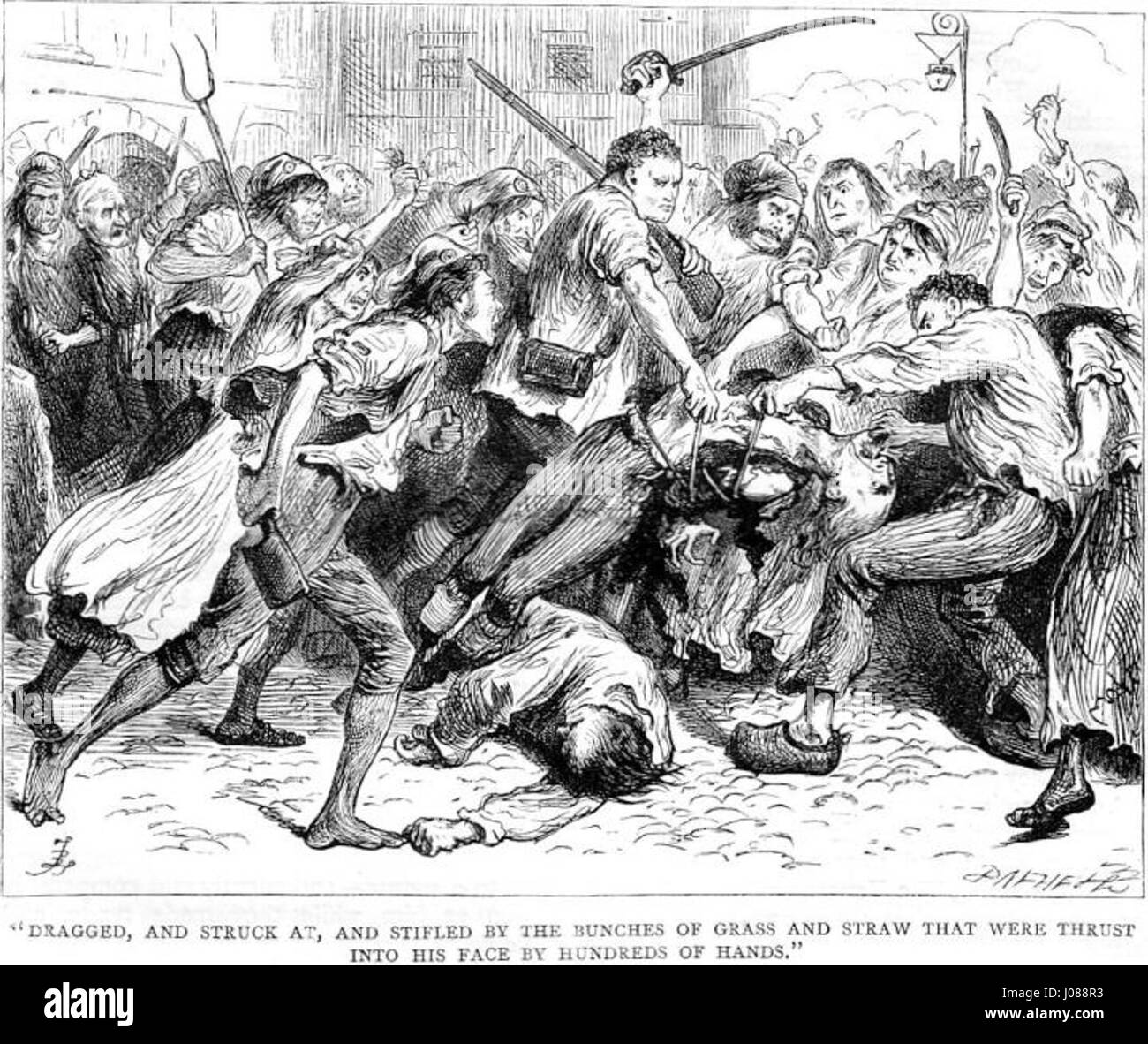 « La foule attaquant Foulon de doué, juillet 1789 » de Fred Barnard illustre un moment clé de la Révolution française, montrant les actions violentes de la foule contre une figure politique. La scène capture la ferveur révolutionnaire et les troubles de l'époque. Banque D'Images