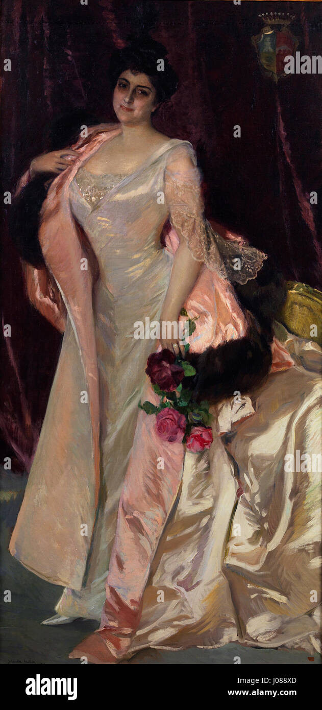 Le portrait de Mercedes Mendeville, comtesse de San Félix, par Joaquín Sorolla, illustre sa maîtrise de la capture de la lumière et de la texture. Sorolla était connu pour son style impressionniste, et ce portrait met en évidence son habileté à dépeindre des figures aristocratiques avec des couleurs vives et des détails réalistes. Banque D'Images