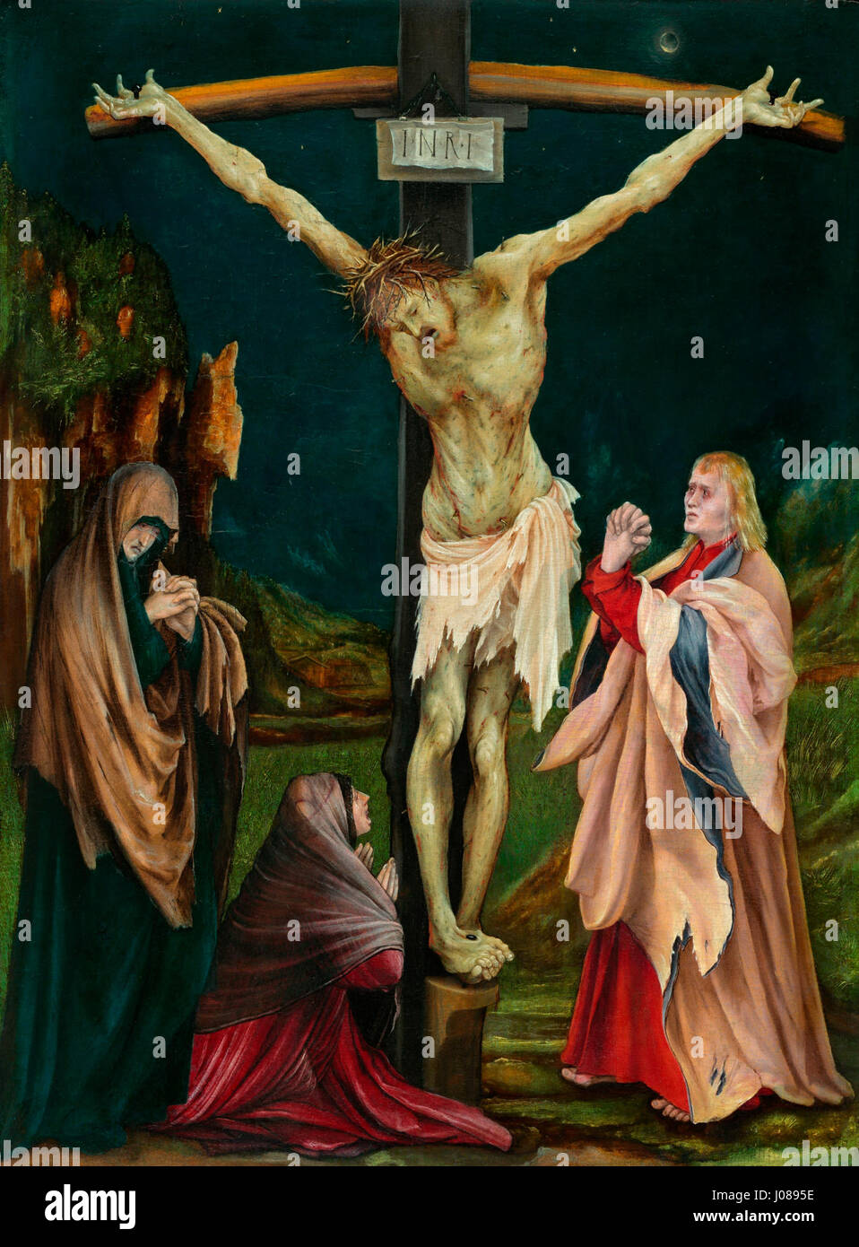 Mathis Gothart Grünewald, connu pour ses puissantes œuvres religieuses pendant la Renaissance, est réputé pour sa représentation de figures religieuses avec un réalisme émotionnel intense. Ses œuvres, mettant souvent en vedette le Christ et la Crucifixion, se concentrent sur la souffrance humaine et le sacrifice divin, le marquant comme l'un des artistes les plus influents de son temps. Banque D'Images