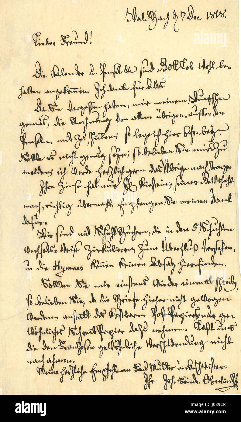 Lettre autographe de Jean Frédéric Oberlin est une lettre autographiée de Jean Frédéric Oberlin, pasteur et théologien français connu pour son travail éducatif et humanitaire. La lettre reflète ses pensées personnelles et ses écrits sur la spiritualité et les questions sociales. Banque D'Images