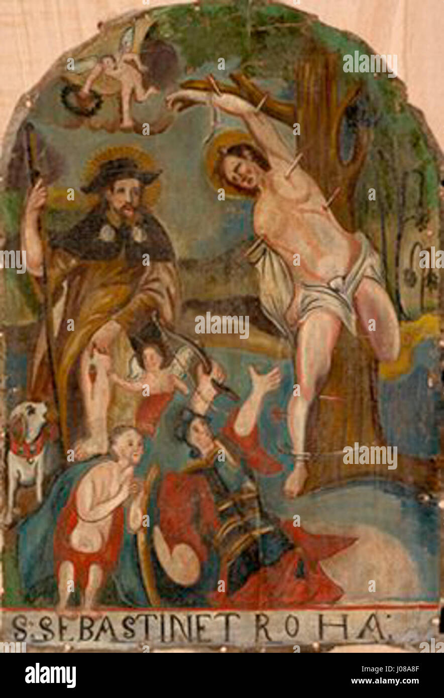 L'église de Bostjan et de Rok, construite à la fin du XVIIIe siècle ou au début du XIXe siècle, est représentée dans cette œuvre. Son architecture reflète la transition du baroque au début des styles classiques. Banque D'Images