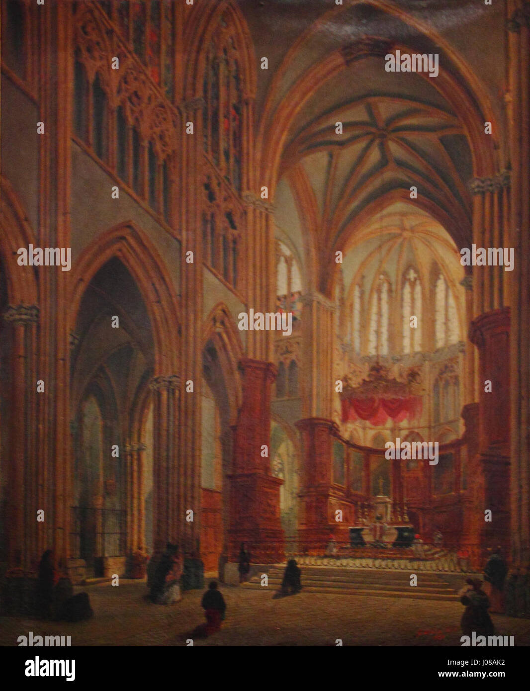 Cette œuvre représente le chœur de la cathédrale de Bayonne en 1839, capturant l'architecture historique et la fonction religieuse du bâtiment. La pièce souligne la grandeur et la signification spirituelle de la cathédrale. Banque D'Images