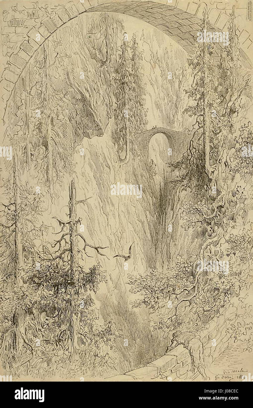 Via Mala, un col de montagne dans le canton suisse des Grisons, dans un dessin de Gustave Doré, un artiste français, 1881. Banque D'Images