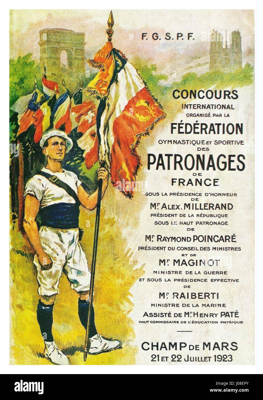 L'affiche du concours international de gymnastique de 1923, organisée par la FGSPF, est une affiche vintage de gymnastique française célébrant l'athlétisme du sport et la compétition internationale. Banque D'Images