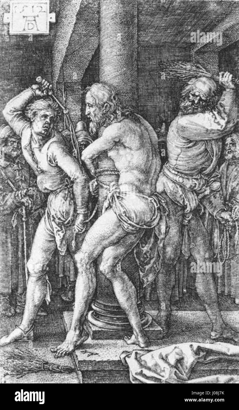 La flagellation d’Albrecht Dürer est une gravure puissante de sa série sur la passion du Christ. La pièce dépeint la souffrance du Christ, capturant une émotion intense et des détails dramatiques dans le style distinctif de Dürer. Banque D'Images