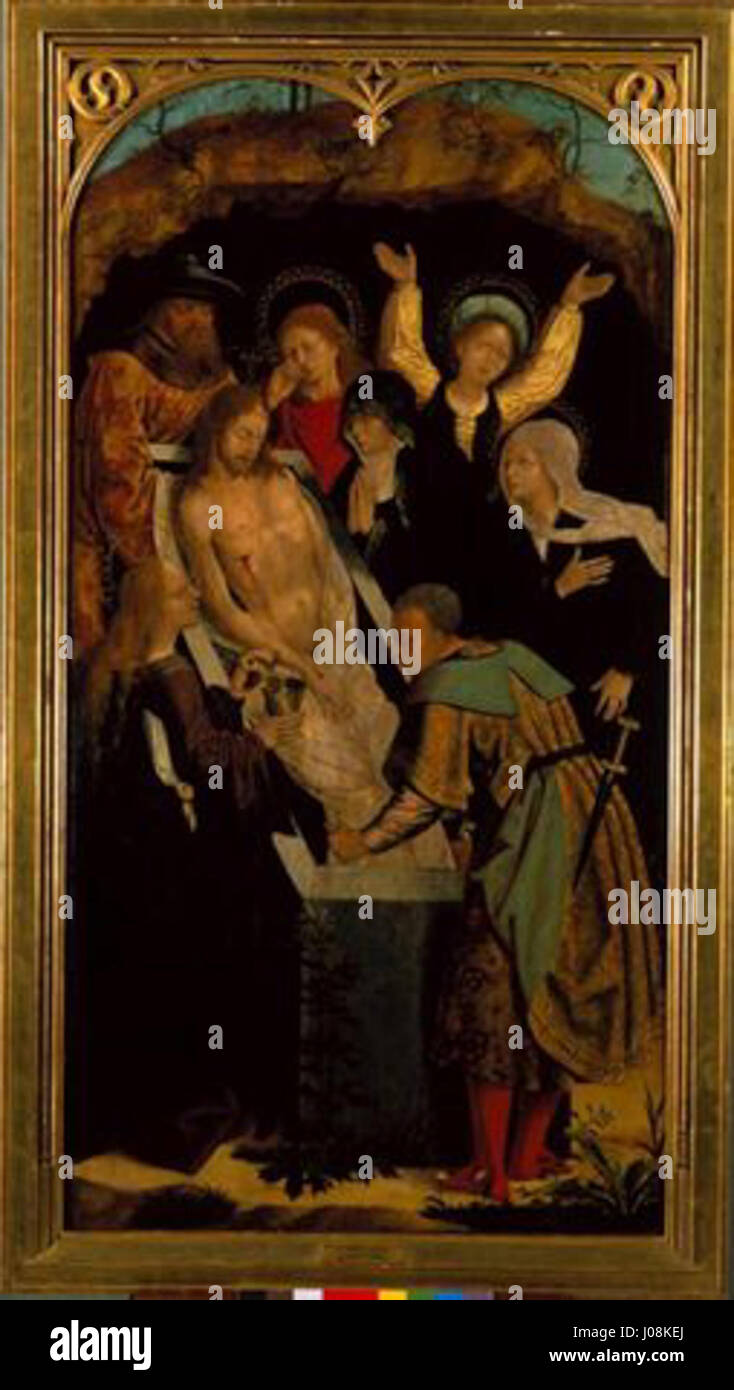 'Deposição de Cristo no Túmulo' (la déposition du Christ dans le tombeau) est une peinture religieuse qui représente le moment où le corps du Christ est placé dans le tombeau après la crucifixion. L'œuvre reflète la solennité et la tristesse du récit passion. Banque D'Images