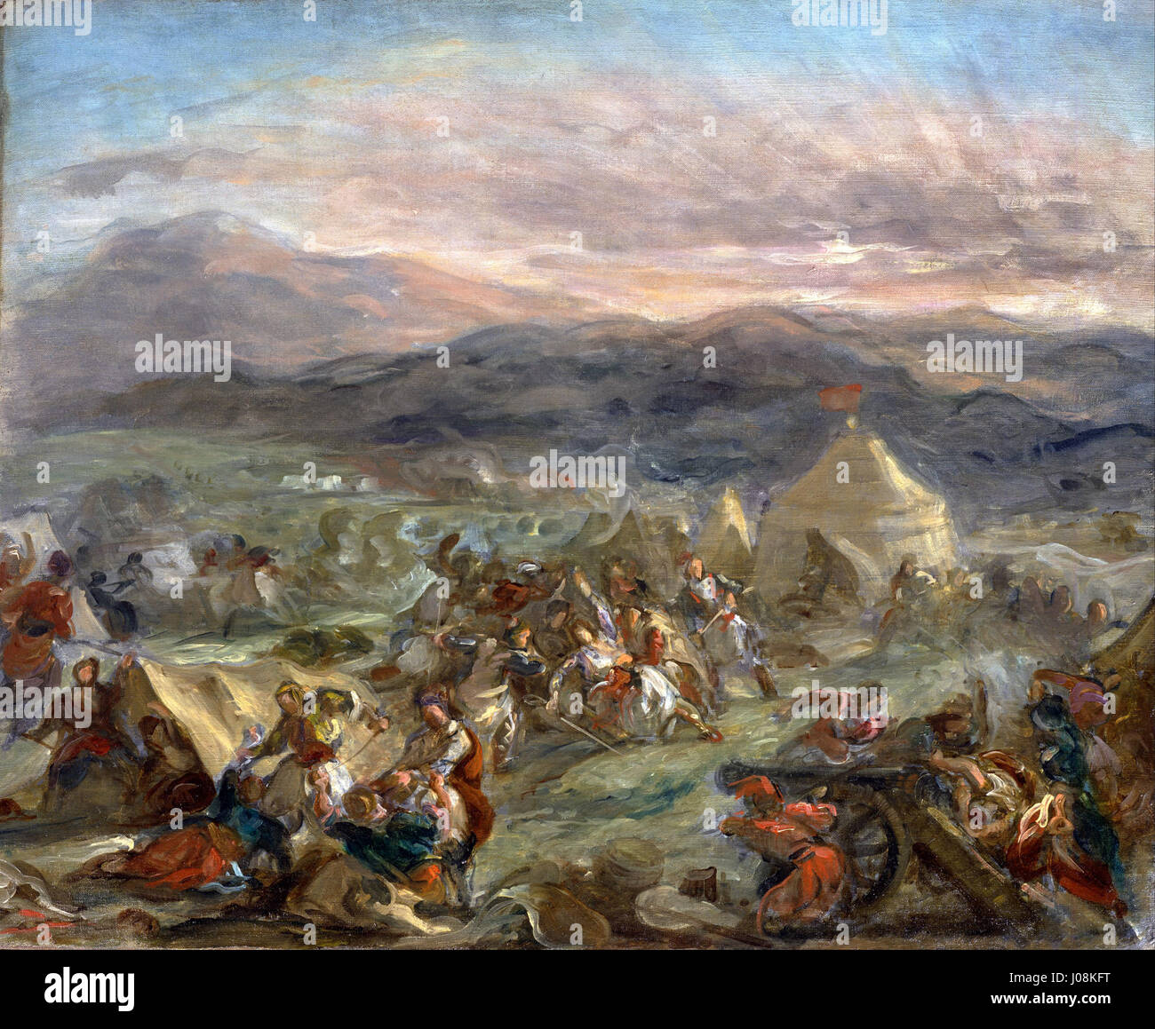 « Botzaris surprend le camp turc et les chutes fatalement blessées » d'Eugène Delacroix dépeint un moment dramatique de la guerre d'indépendance grecque. La peinture capture le sacrifice héroïque du leader grec Markos Botzaris, soulignant la violence et la valeur de la bataille. Banque D'Images