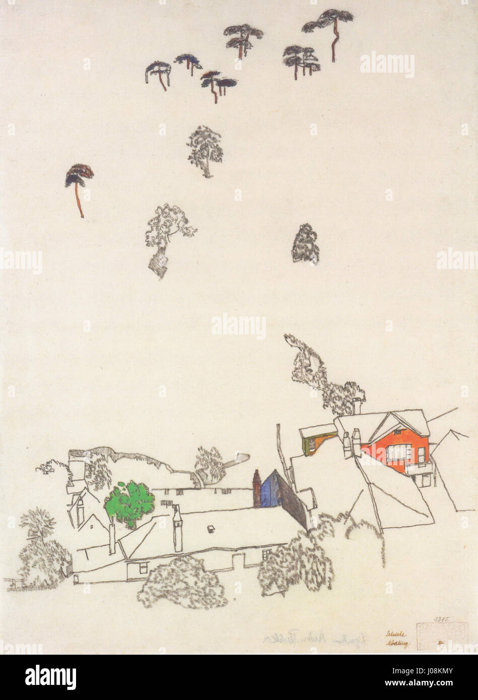 Häuser und Fluren BEI Mödling d'Egon Schiele (1915) représente un paysage rural près de la ville de Mödling en Autriche. Le style expressionniste caractéristique de Schiele est évident dans la représentation des structures et de la campagne, en se concentrant sur des lignes fortes et une intensité émotionnelle. Banque D'Images