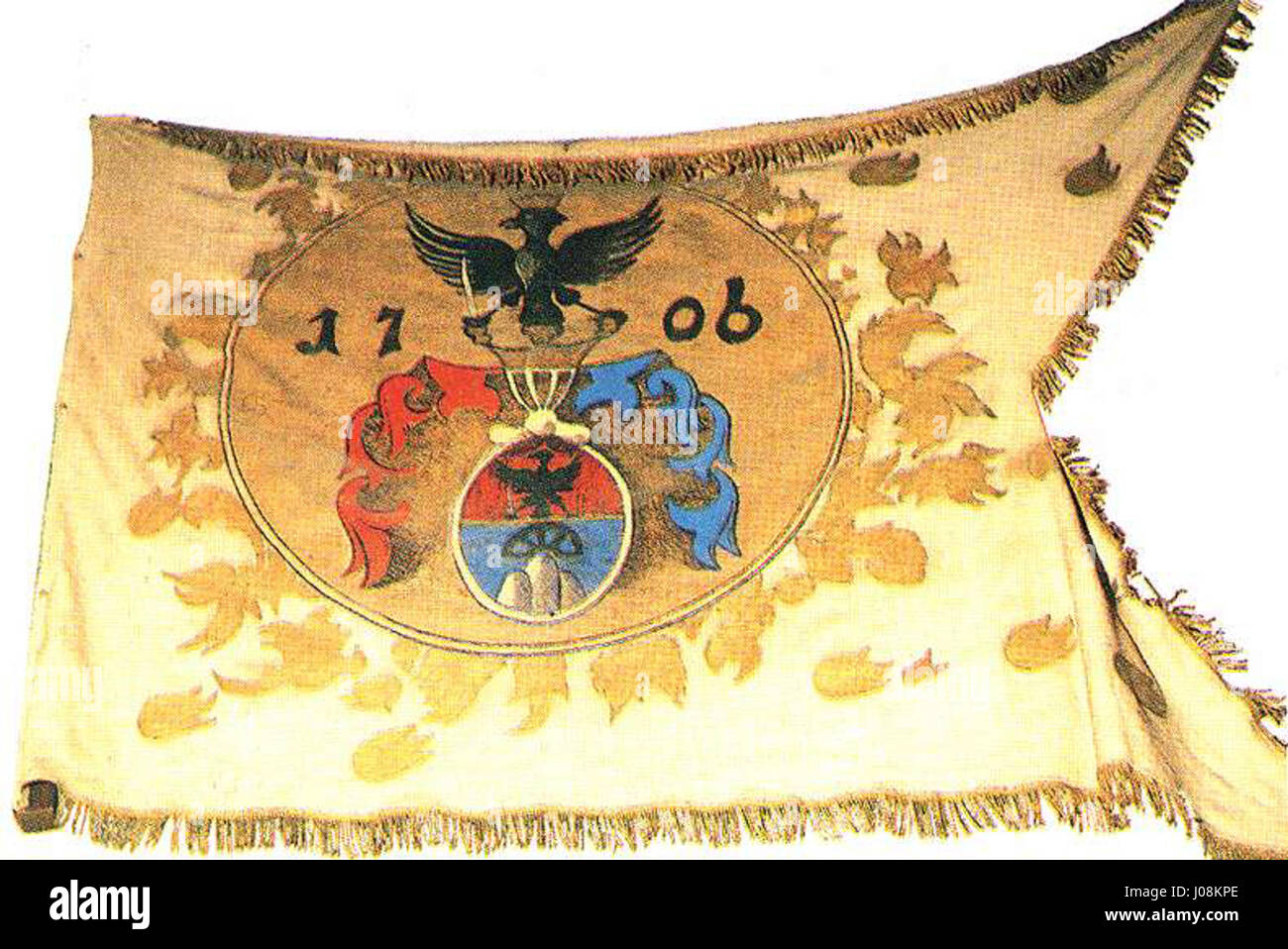Ce drapeau historique, connu sous le nom de drapeau Kuruc, arbore les armoiries de la famille Rákóczi. Il a été utilisé pendant la rébellion de Kuruc, représentant la lutte pour l'indépendance hongroise au début du XVIIIe siècle. Banque D'Images