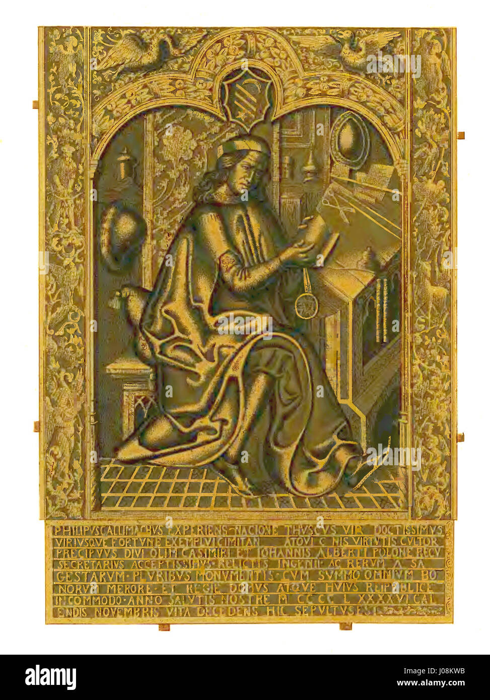 L’épitaphe de Filippo Buonaccorsi, située à Kraków, commémore la vie et l’héritage de cette figure influente. C'est un exemple significatif de l'art des tombes de la Renaissance et de la conception de l'épitaphe. Banque D'Images