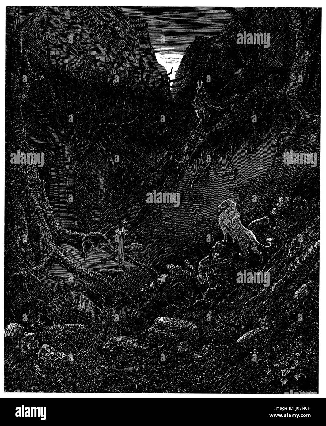 Illustration de Gustave Doré pour l’Enfer de Dante Alighieri, Planche 3, représentant un lion, créée en 1857 pour le Chant I. Banque D'Images
