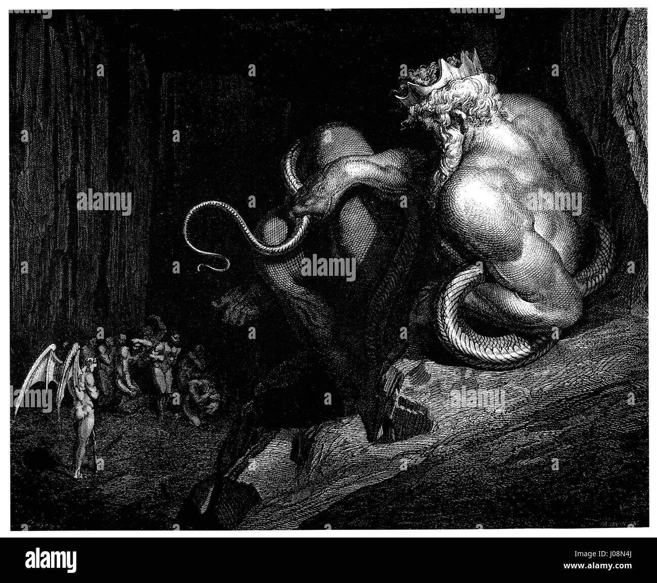 Illustration de Gustave Doré pour l’Enfer de Dante Alighieri, Planche 13, représentant Minos jugeant les pécheurs dans le Chant V, créée à l’origine en 1857. Banque D'Images